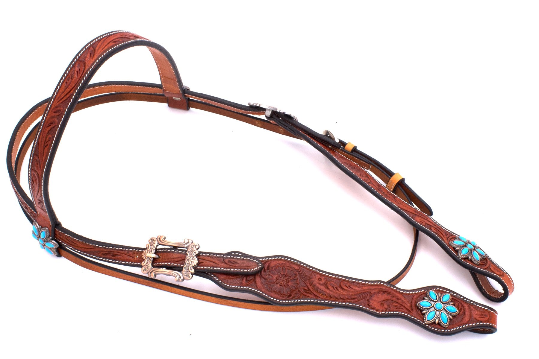 Westerntrense mit Punzierung, kupferfarbene Schnallen, türkise Conchos
