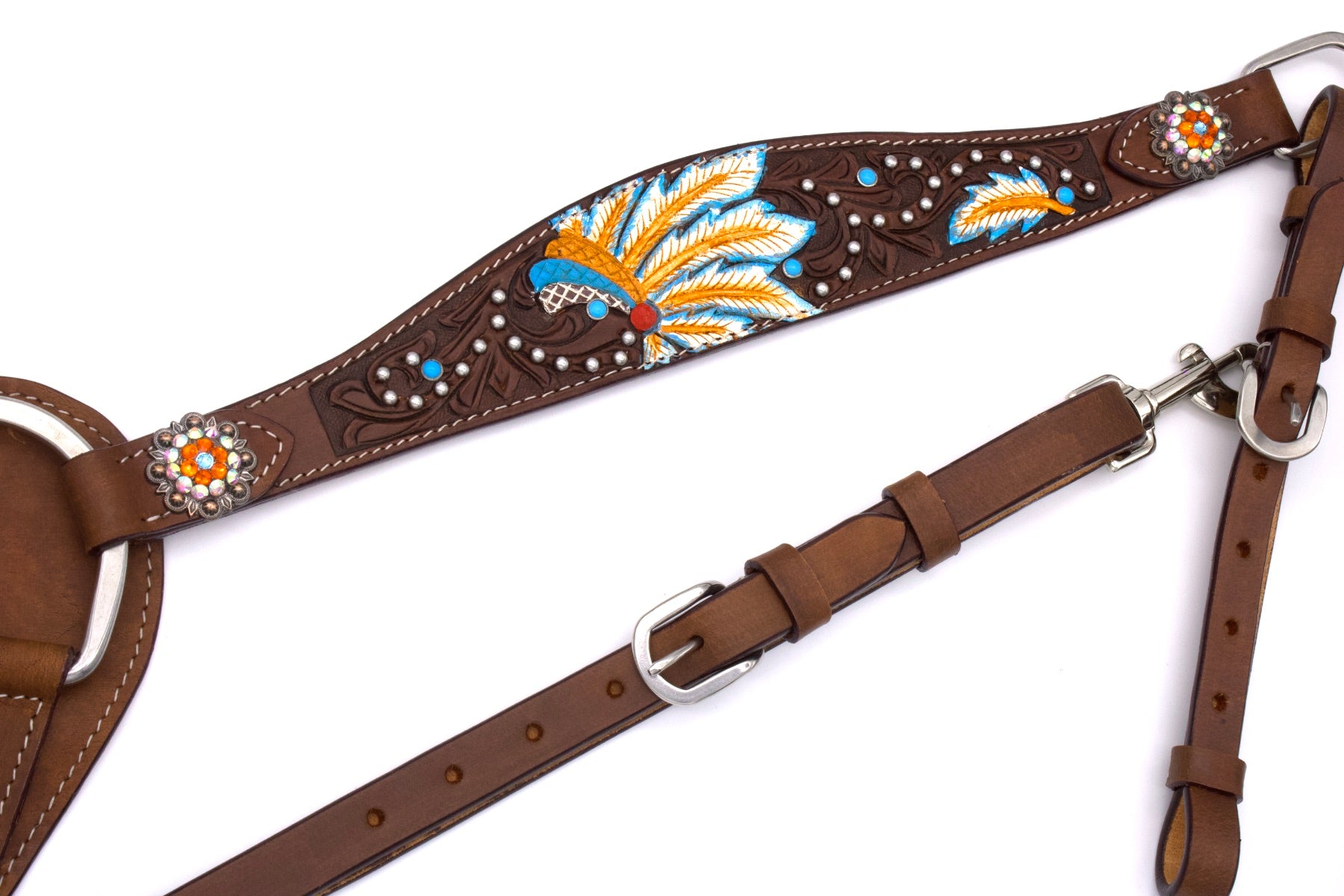 Westernvorderzeug im Indianerdesign, Häuptlingsfedern, punziert, türkis,