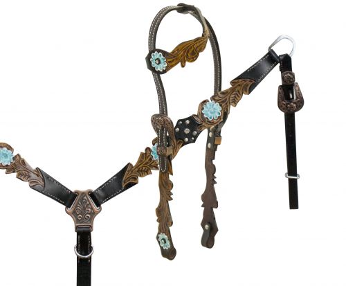 Einohr Westerntrense, Set aus Kopfstück mit Vorderzeug und Zügeln, Vintage-Look, dunkelbraun,