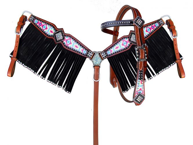 Pony Westernset, Kopfstück und Vorderzeug braun mit Fransen, pink, schwarz, Strass,