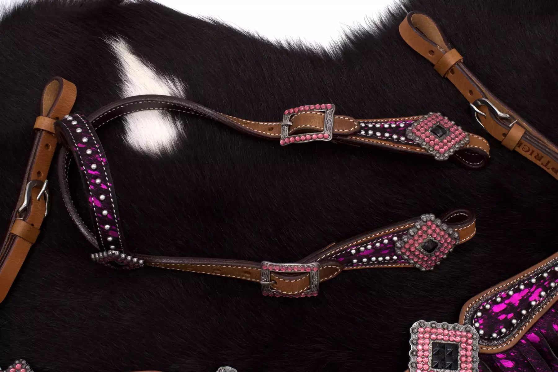 Minishetty / Shetty Westernset, Einohrtrense und Vorderzeug mit Fransen lila, pink, Strass,