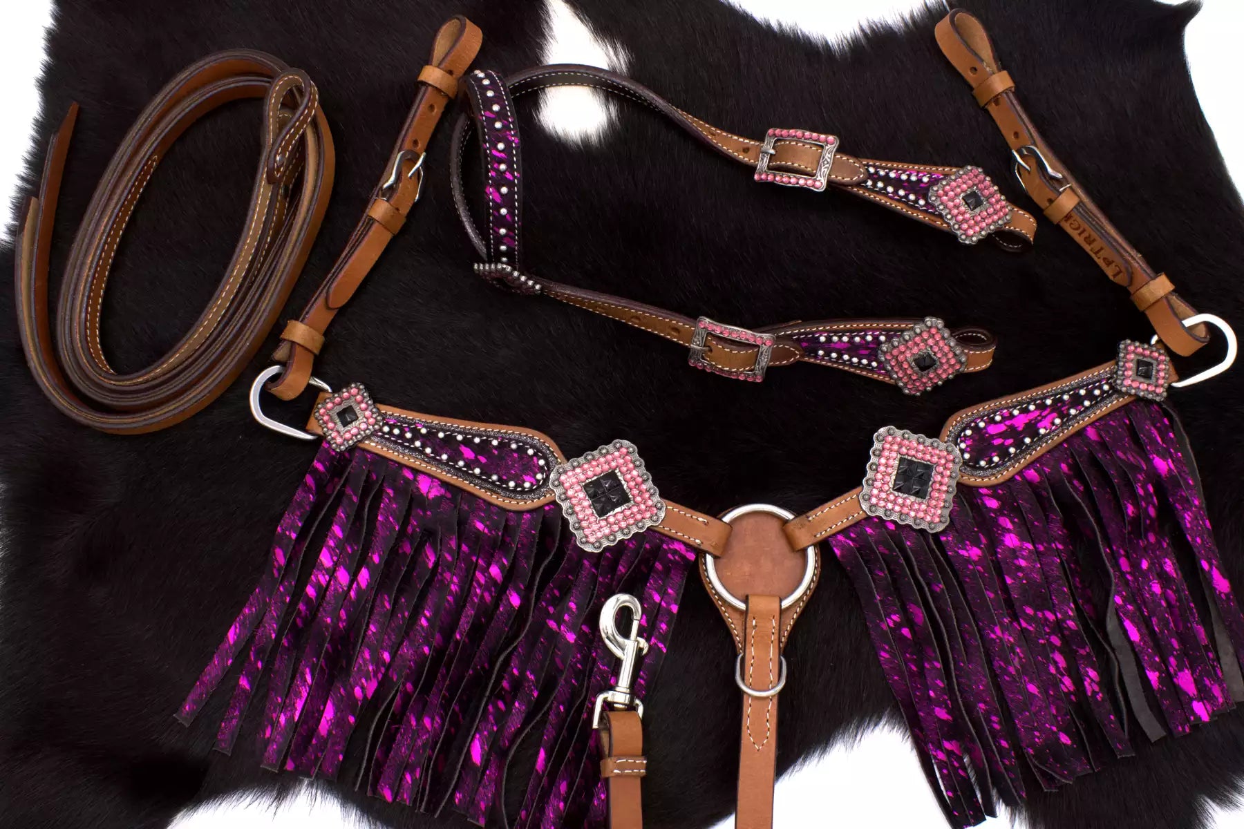 Minishetty / Shetty Westernset, Einohrtrense und Vorderzeug mit Fransen lila, pink, Strass