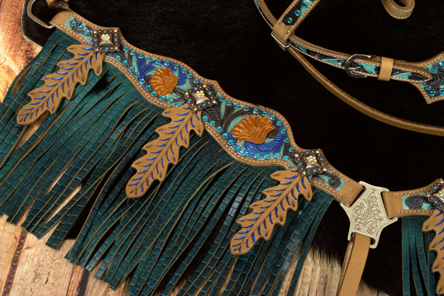 Westerntrense, Set aus Kopfstück mit Vorderzeug, braun, feather,Federn,