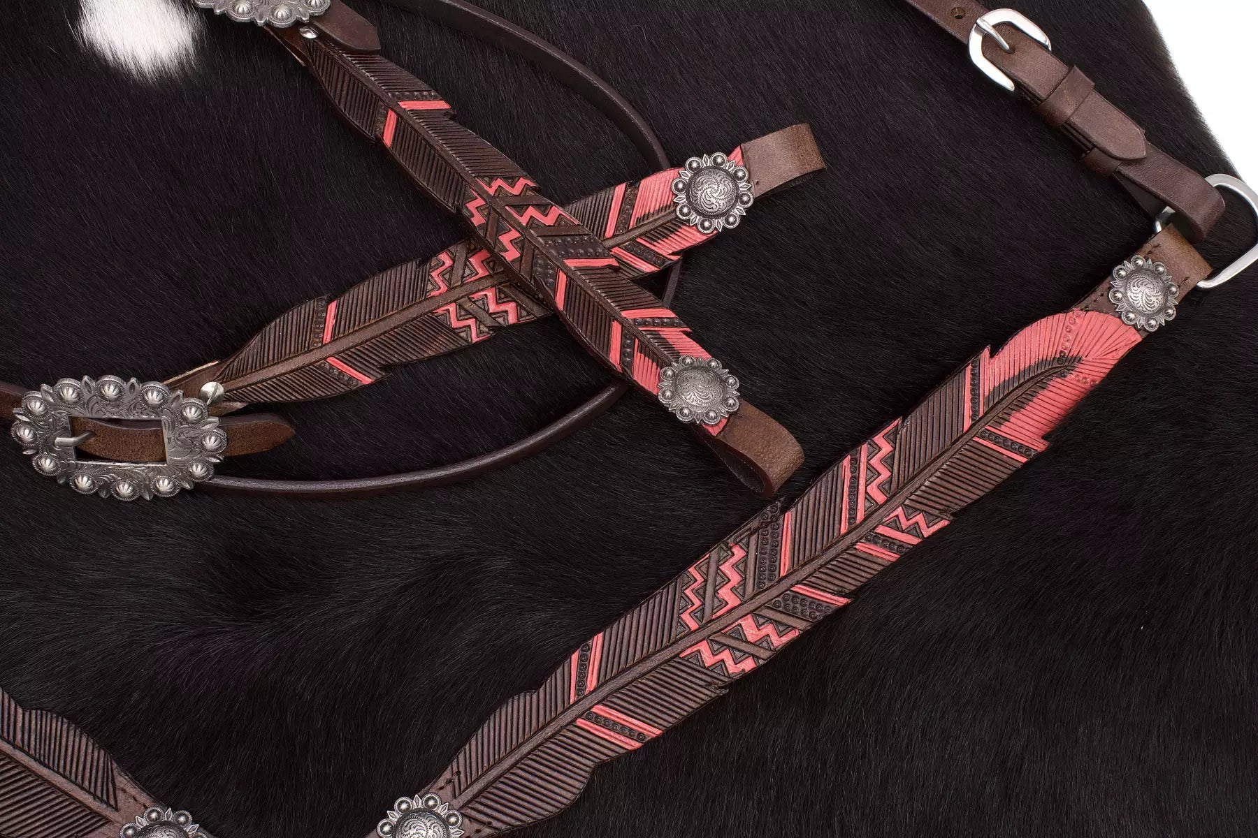 Federoptik Show Western-Set dunkel, Set aus Westerntrense mit Vorderzeug, Leder pink,