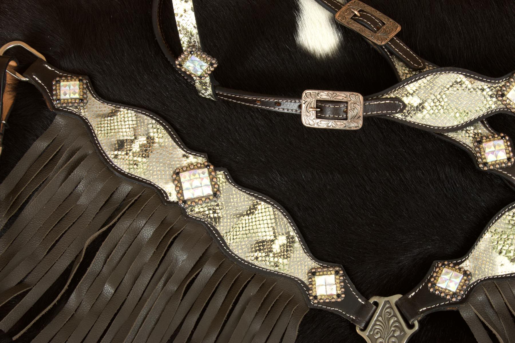 Vintage Show Western-Set Snake dunkel, Set aus Westerntrense mit Vorderzeug,
