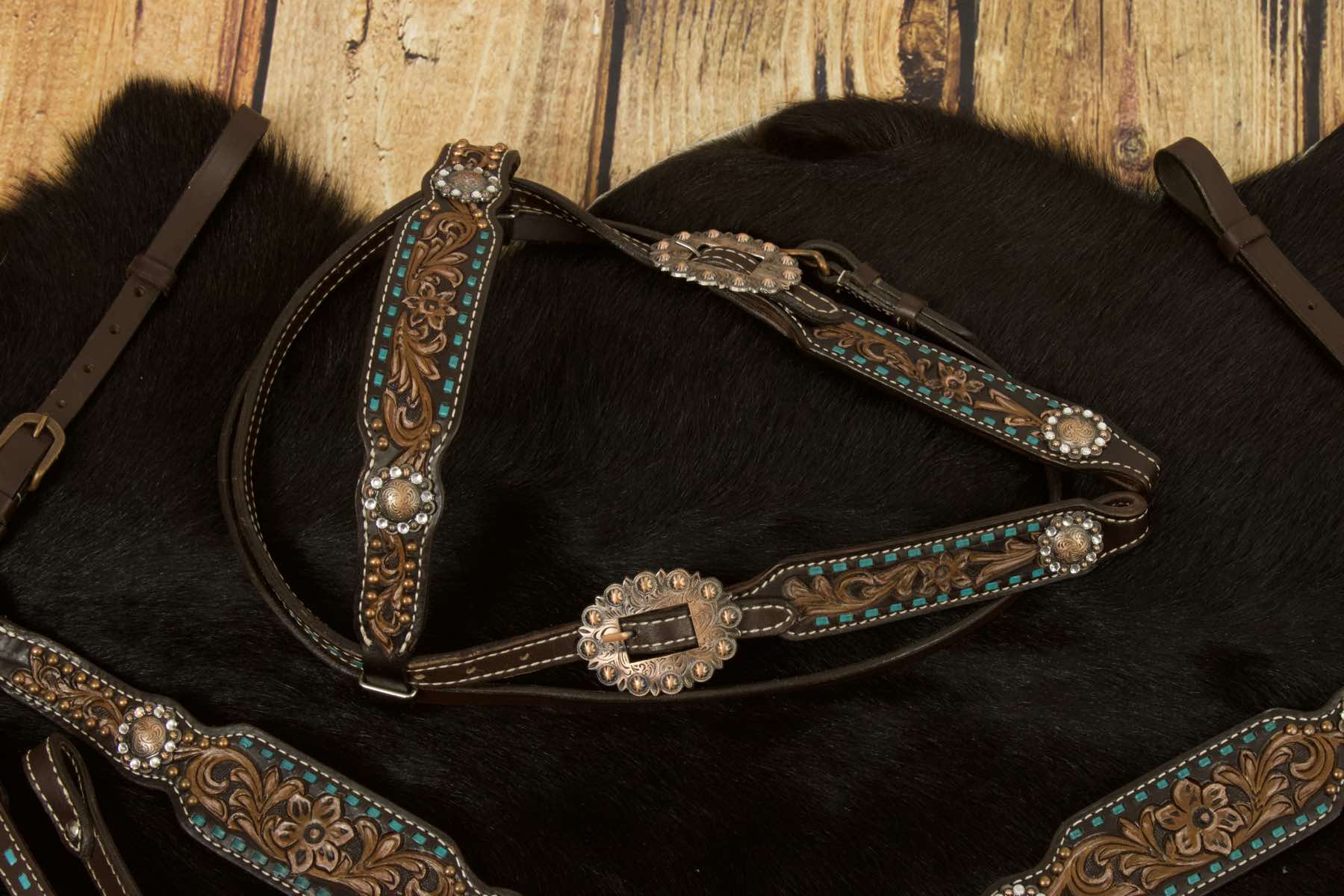 Vintage-Look Westerntrense, Set aus Kopfstück und Vorderzeug, dunkelbraun, mit Strass, petrolfarben,
